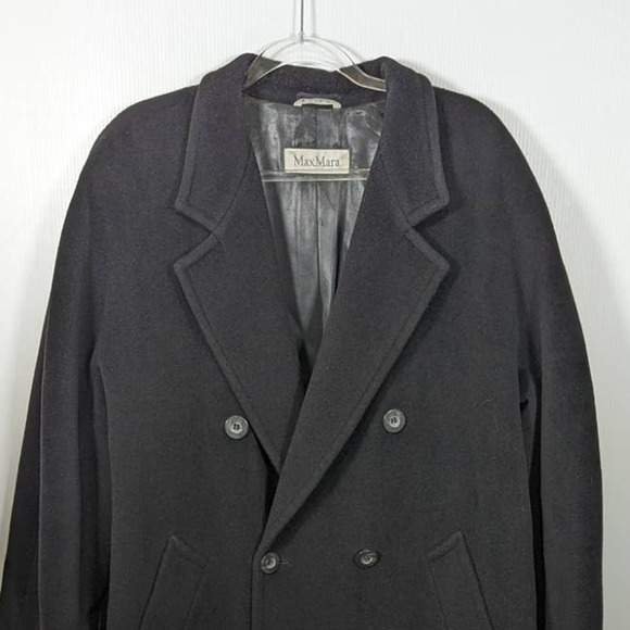 Vintage 80's MaxMara Made in Italy Black Wool Long Maxi Coat Double Breasted - Picture 3 of 12